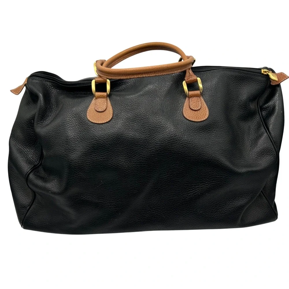 I‎ Santi Duffel Overnight Bag Leather Made In Italy Black Brown Top Handle EUC